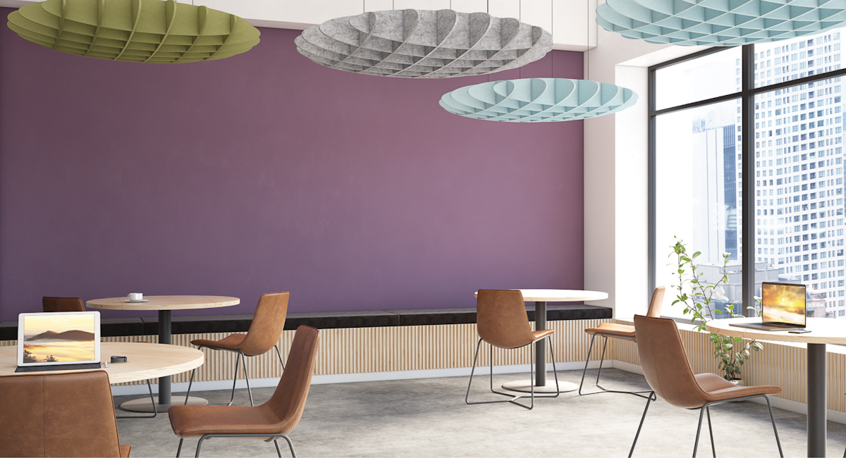Colourful Round Ceiling Baffles for Sound Control and Noise Cancellation in Breakout Areas